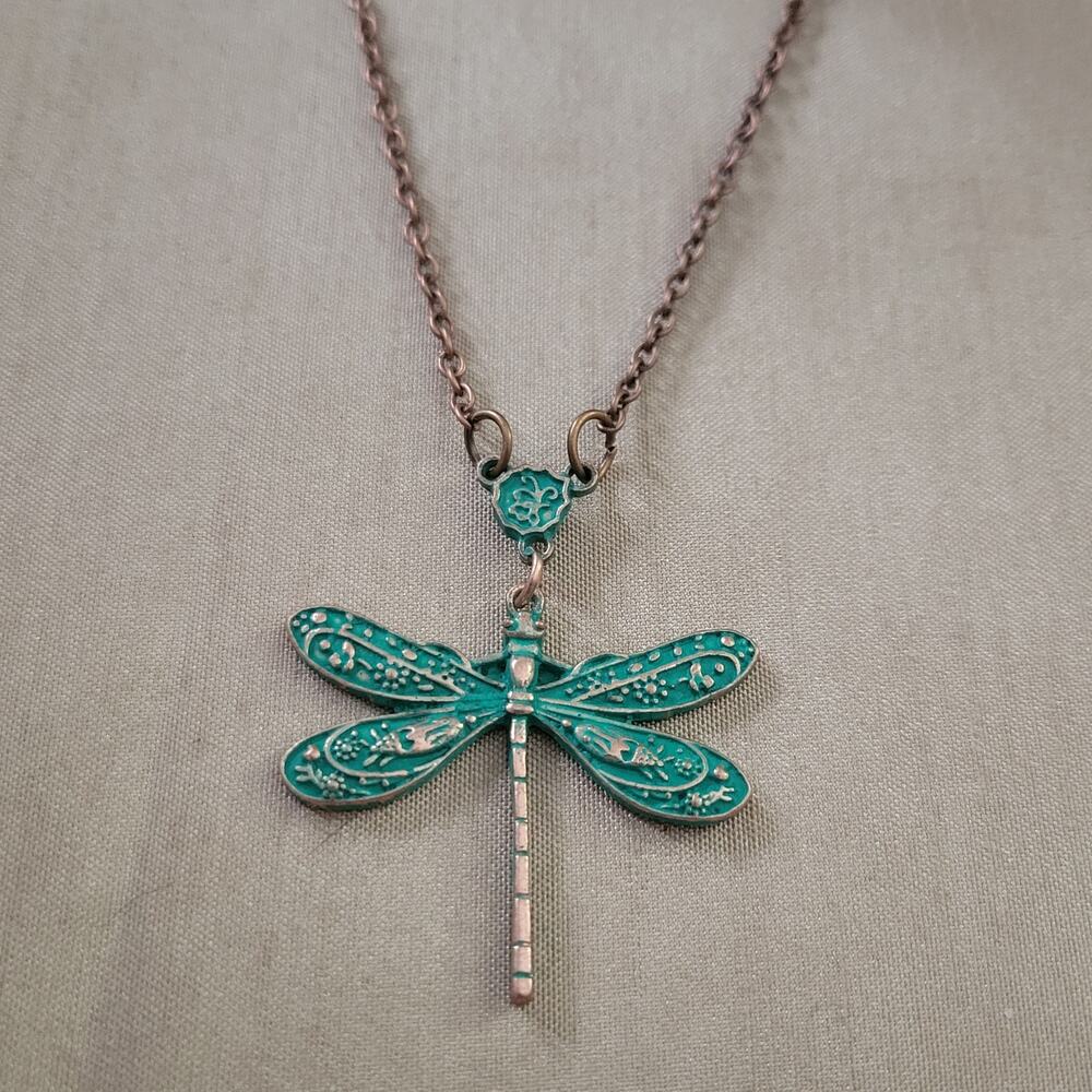 Copper tone & green verdigris patina boho dragonfly necklace